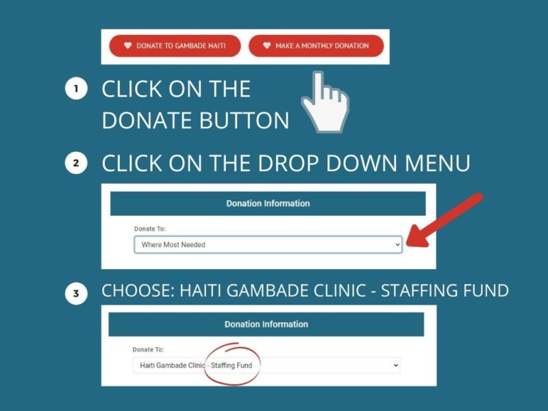 Click red button to donate, then select Haiti Gambade Clinic staffing fund from the drop down menu